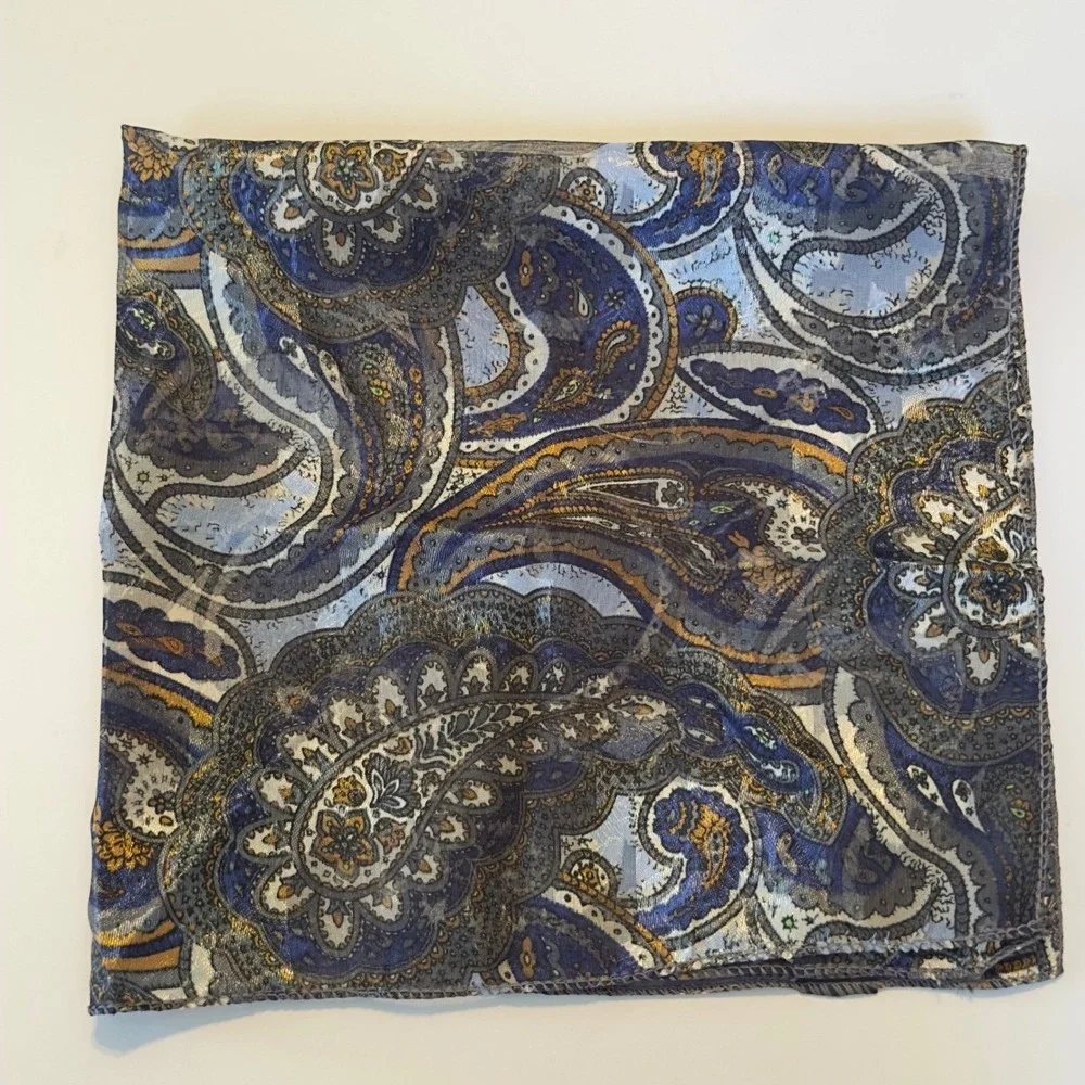 Blue Gold Paisley Square Scarf Silk Feel Sheer‎ Neck Hair Accessory Classy Chic